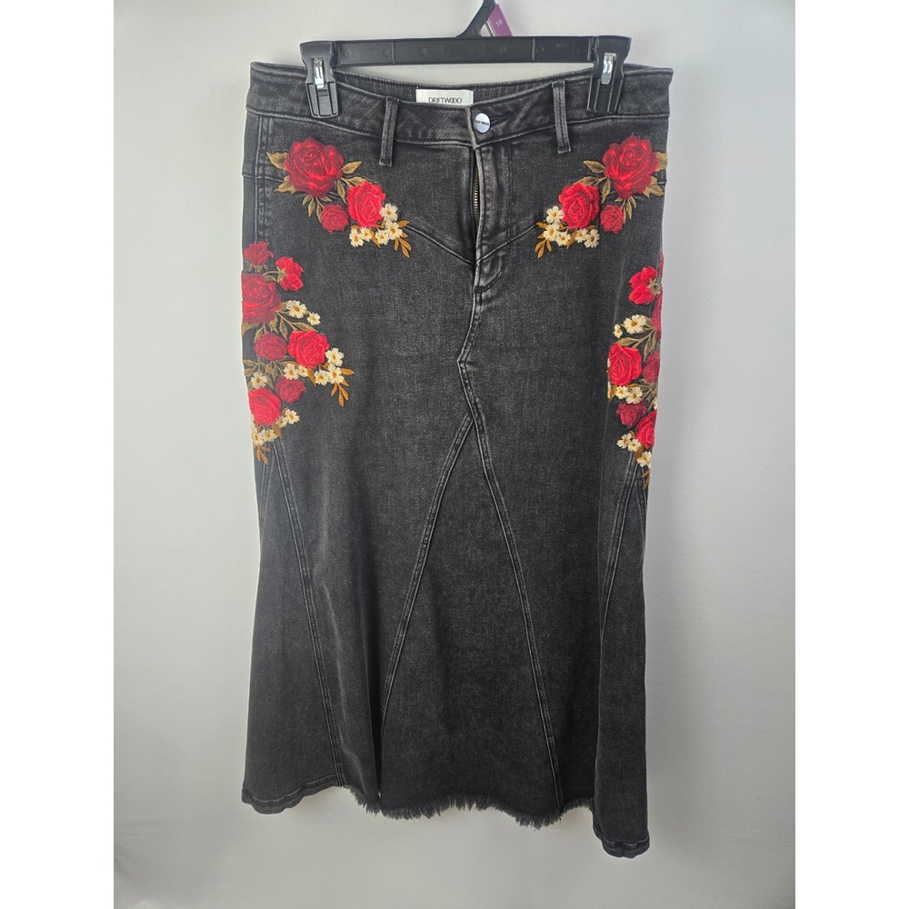 Driftwood x Free People Ruth Floral Embroidered Denim Maxi Skirt Black Size 29